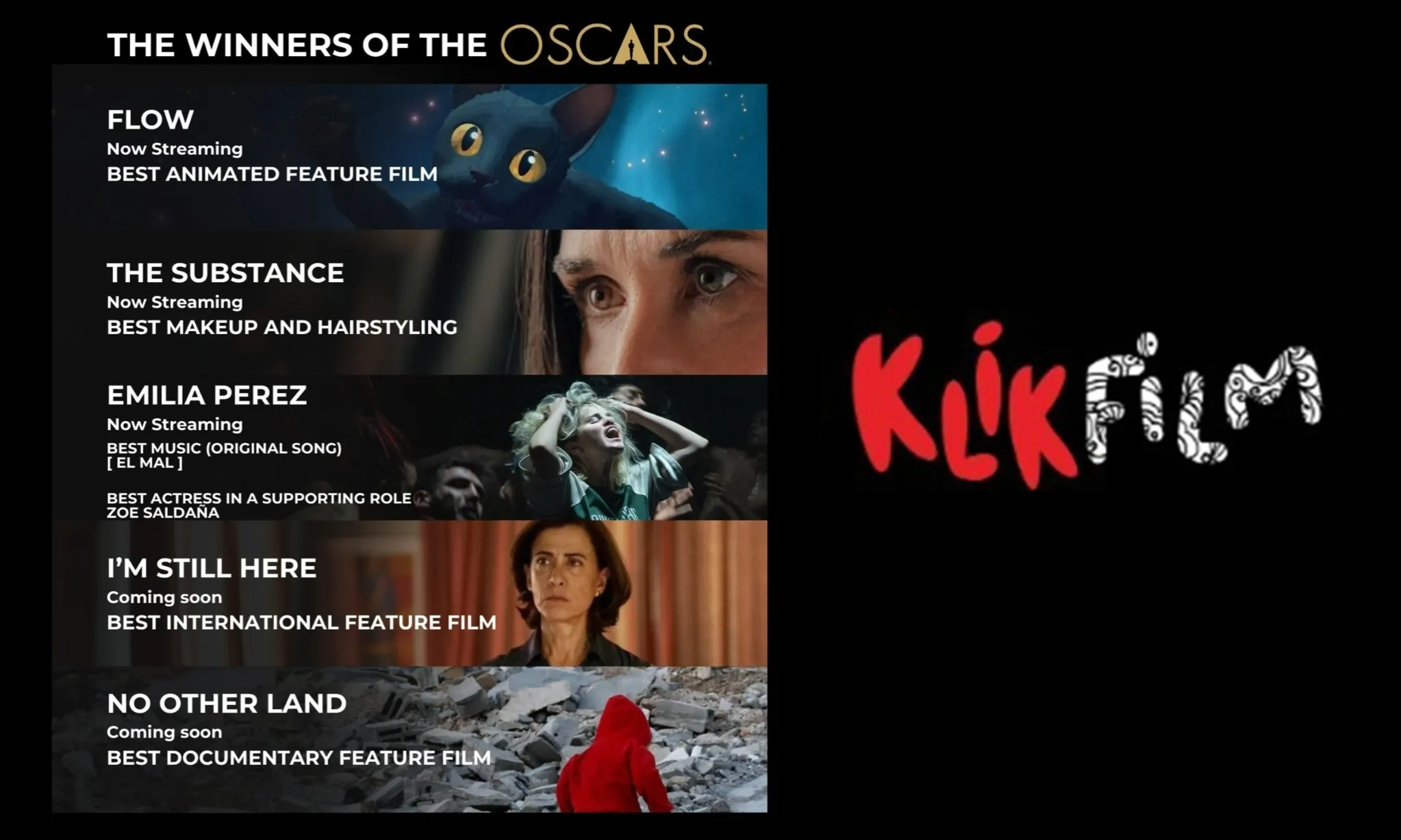 <p id="isPasted">Lima Film Peraih Oscar 2025 Tayang Di KlikFilm</p>