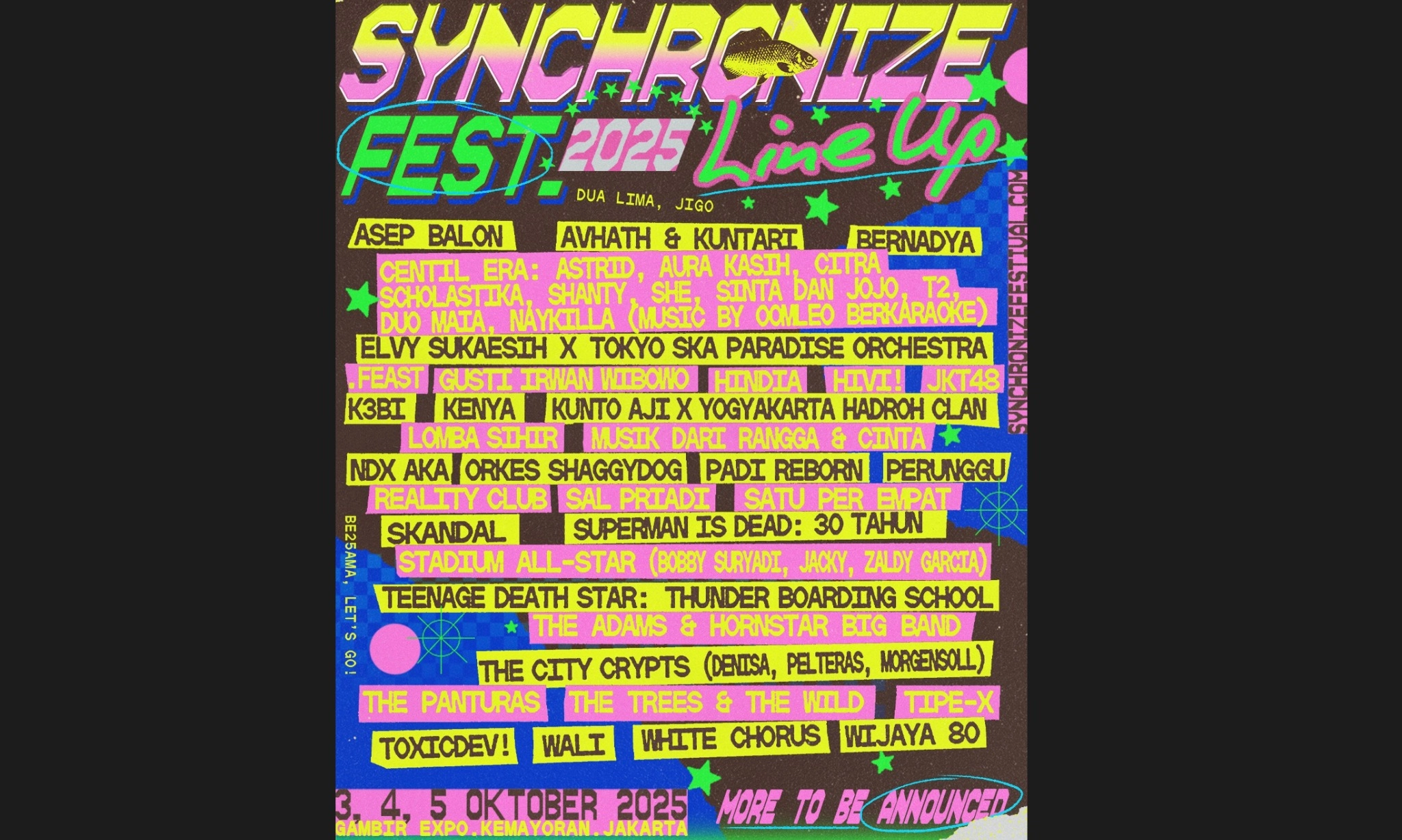 <p dir="ltr" id="isPasted">Line Up Synchronize Fest 2025, Ada Sinta &amp; Jojo hingga Rangga &amp; Cinta</p>